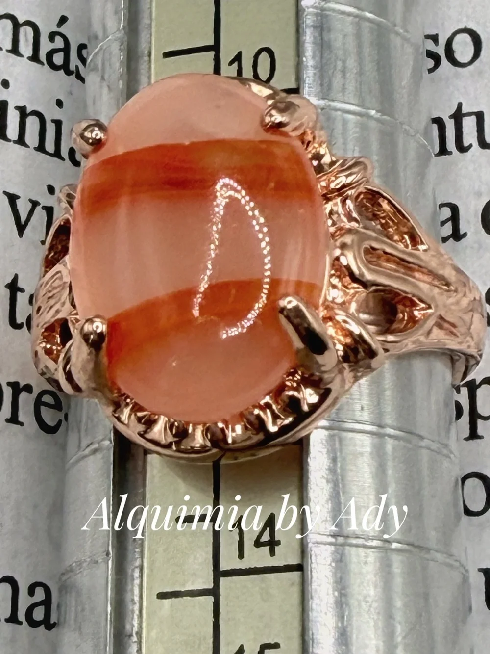 Rose Gold Ring with Peach and Orange agate Striped Cabochon
